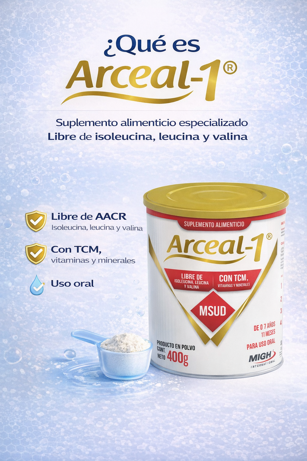 Arceal-1® | Soporte nutricional para enfermedad de orina con olor a jarabe de arce (MSUD / ARCE)